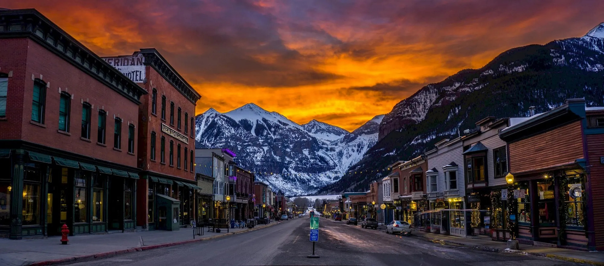 Downtown Telluride looking toward the mountains at sunset